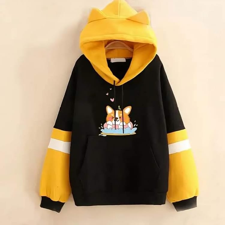 Anime Cotton Hoodies for Girls - Black+Yellow đ¸