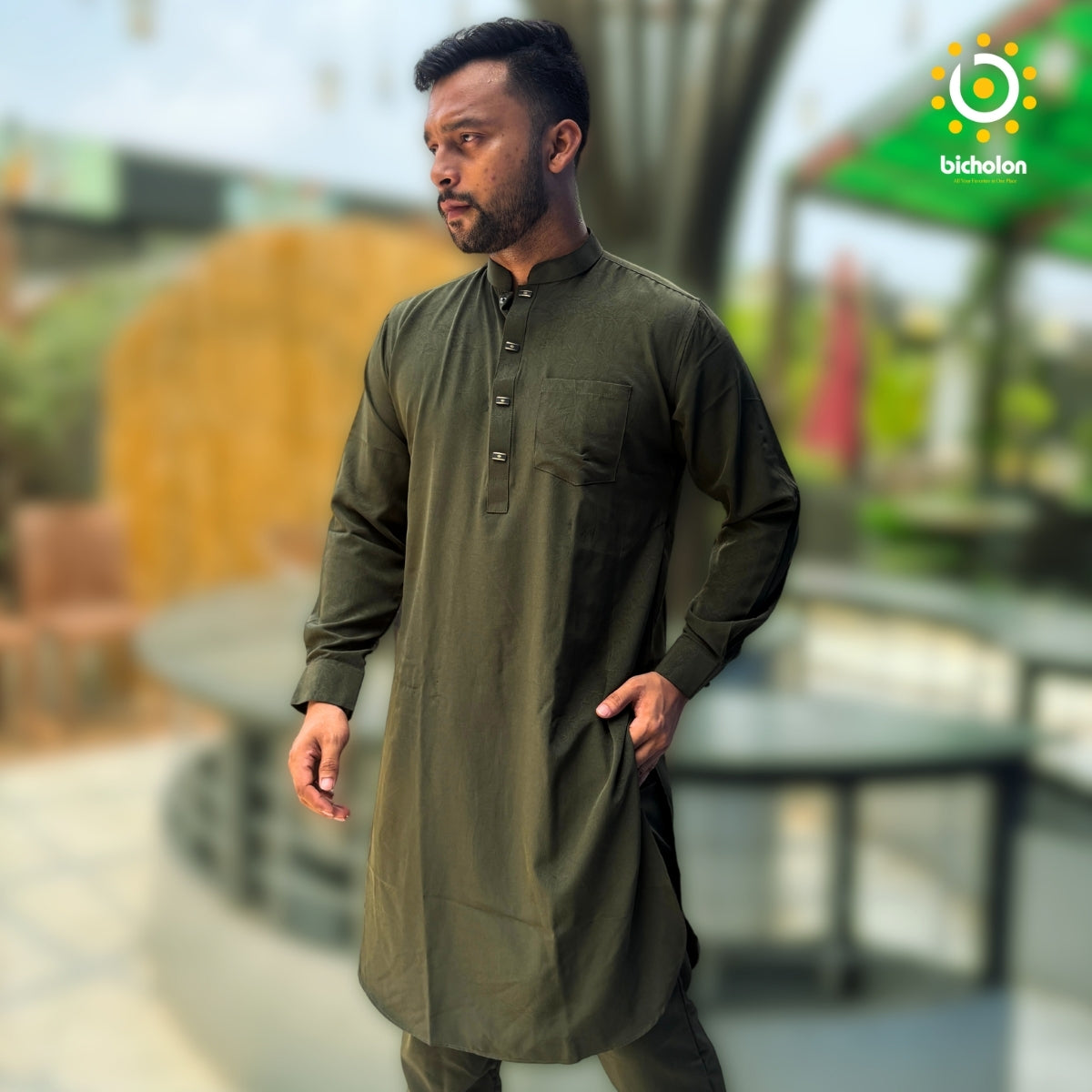 ফরমাল কাবলি সেট পায়জামা সহ - অলিভ কালার