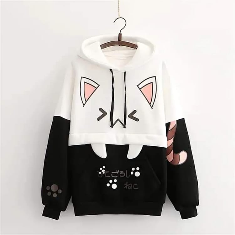 Anime Cotton Hoodies for Girls - Black+White🌸