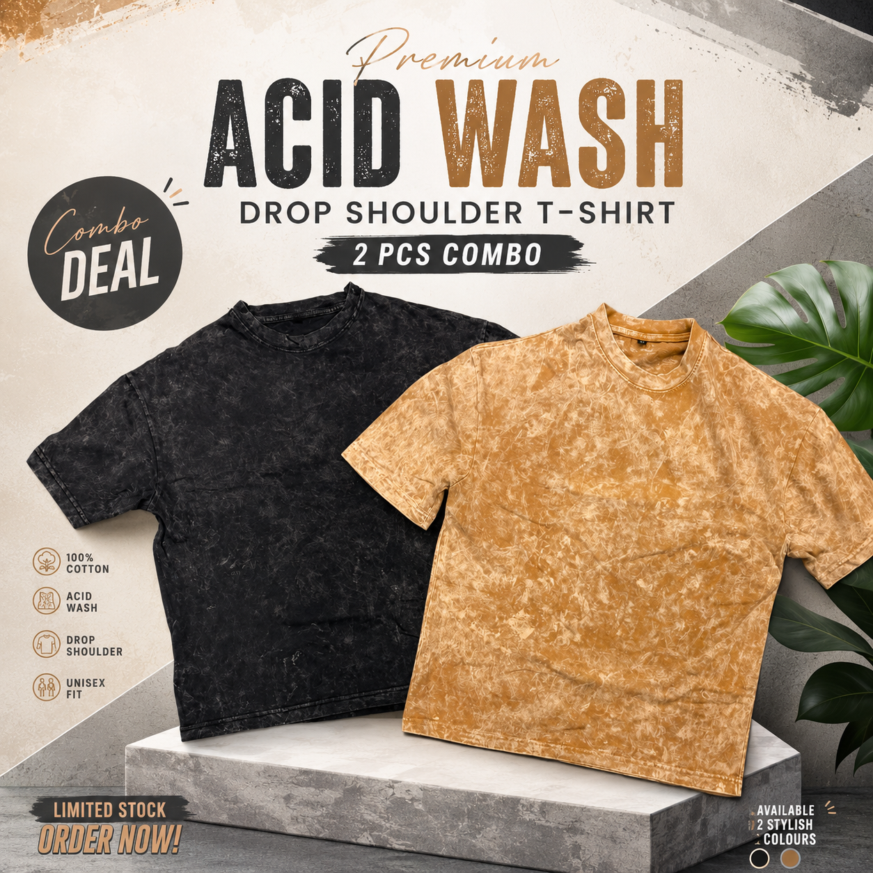 Premium Acid Wash Drop Shoulder T-Shirt – 2 Pcs Combo