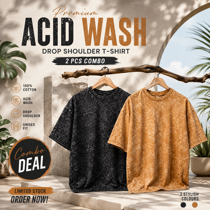 Premium Acid Wash Drop Shoulder T-Shirt – 2 Pcs Combo