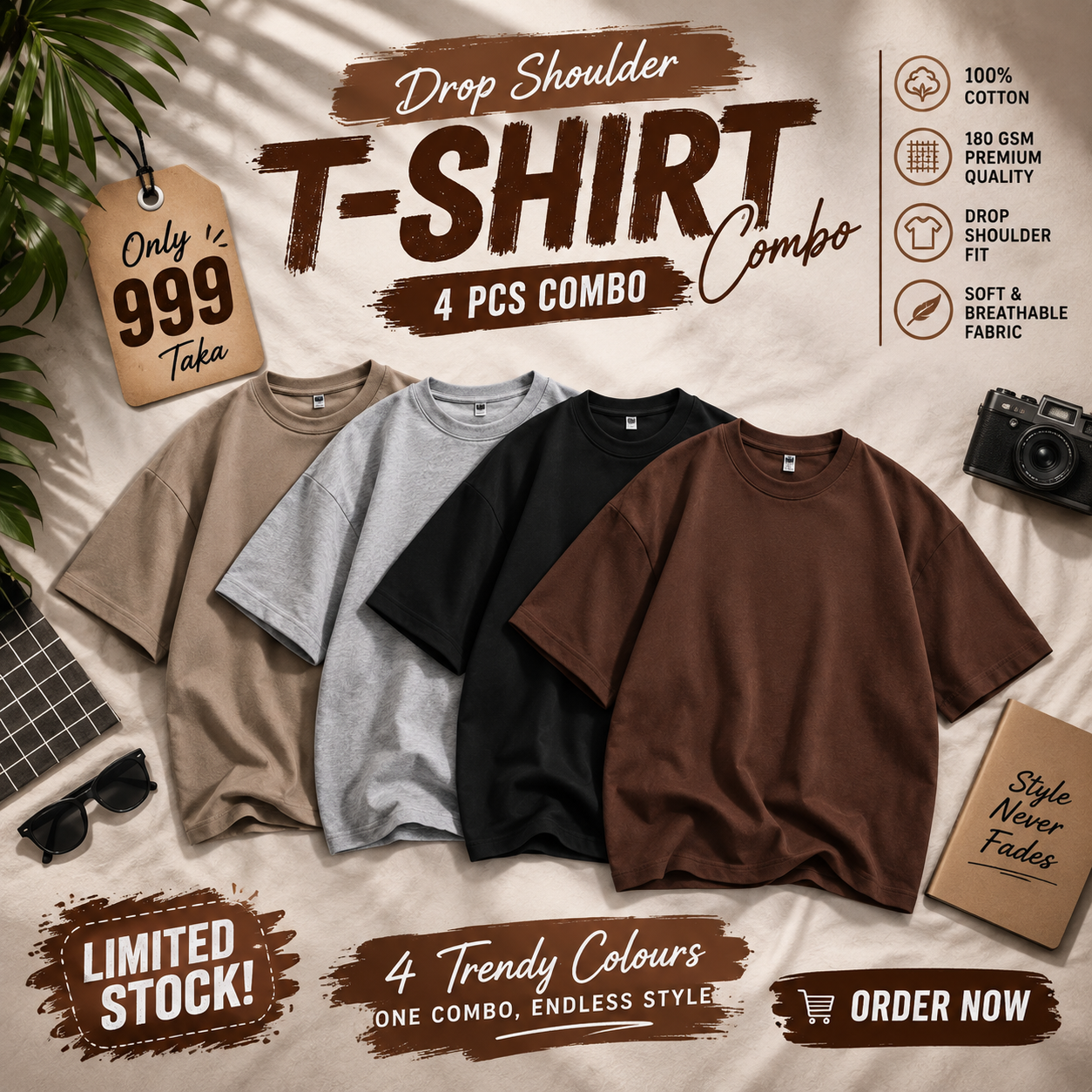 4 Solid Color Drop Shoulder Combo - Black, Coffee, Ash, Beige (160-180 GSM)