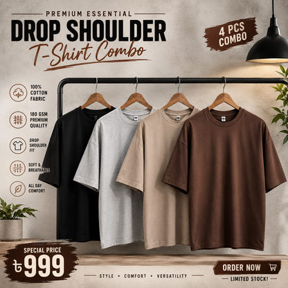 4 Solid Color Drop Shoulder Combo - Black, Coffee, Ash, Beige (160-180 GSM)