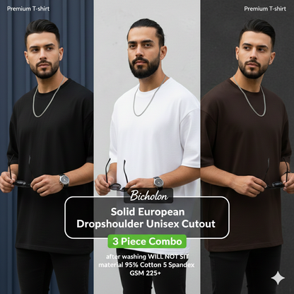 3 Solid Color Premium Drop Shoulder Combo - Black, White & Coffee (220+ GSM)