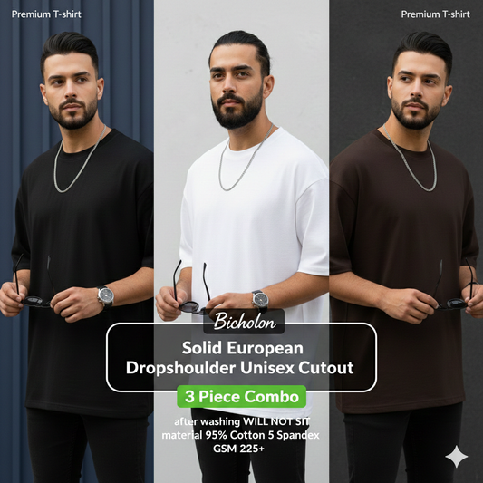 3 Solid Color Premium Drop Shoulder Combo - Black, White & Coffee (220+ GSM)