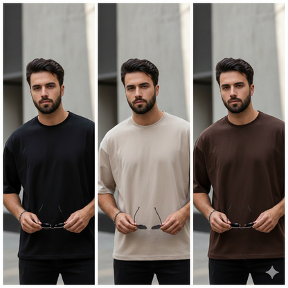 220+ GSM Premium 3 Piece Solid Color Drop Shoulder Combo - Black, Beige & Coffee