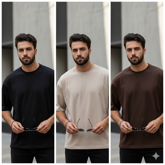 220+ GSM Premium 3 Piece Solid Color Drop Shoulder Combo - Black, Beige & Coffee