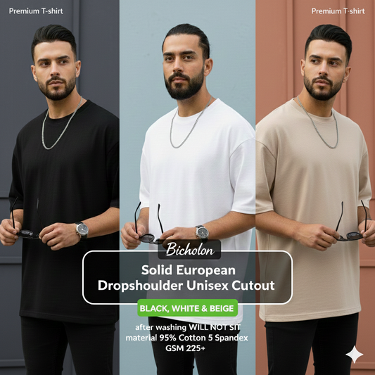 3 Solid Color Premium Drop Shoulder Combo - Black, White & Beige (220+ GSM)