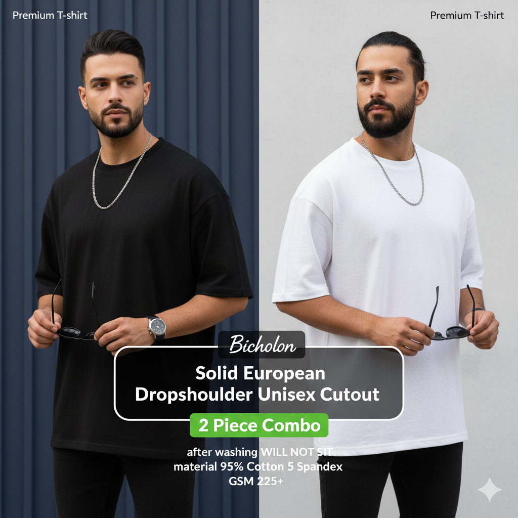 2 Solid Color Premium Drop Shoulder Combo - Black & White (220+ GSM)