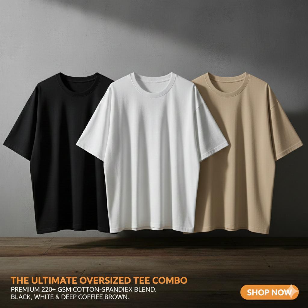 3 Solid Color Premium Drop Shoulder Combo - Black, White & Beige (220+ GSM)