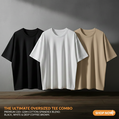 3 Solid Color Premium Drop Shoulder Combo - Black, White & Beige (220+ GSM)
