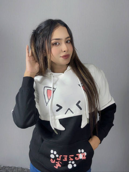 Anime Cotton Hoodies for Girls - Black+White🌸